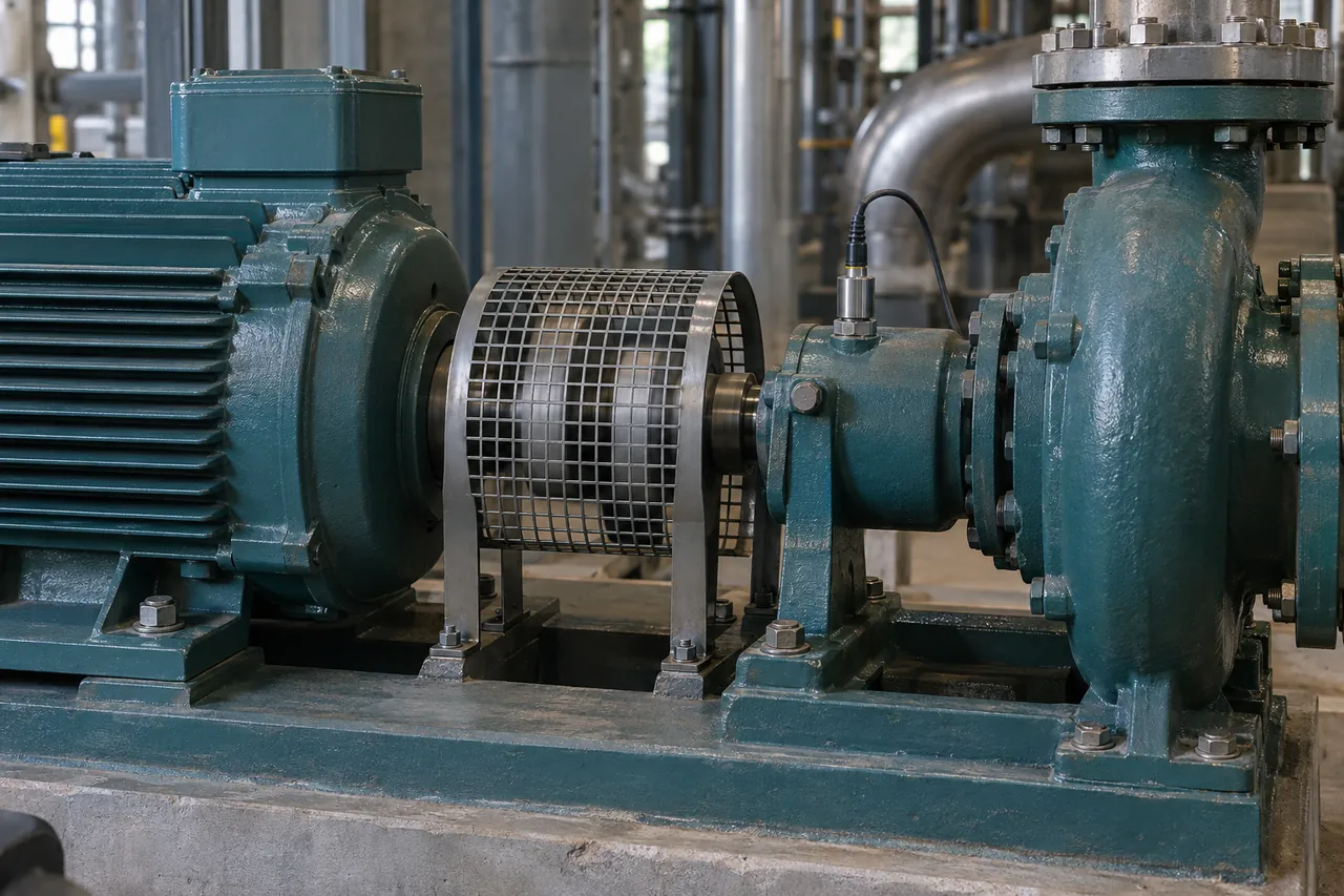 A pump drive motor and coupling with a vibration sensor mounted on the bearing housing