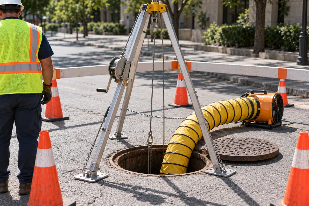 A tripod and winch set over an open manhole on a road, with a ventilation duct running down into it, illustrating Korea's confined space gas testing rules