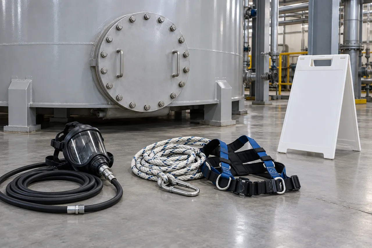 A supplied-air respirator and lifeline laid out in front of the round manway of a factory storage tank, beside a blank folding sign
