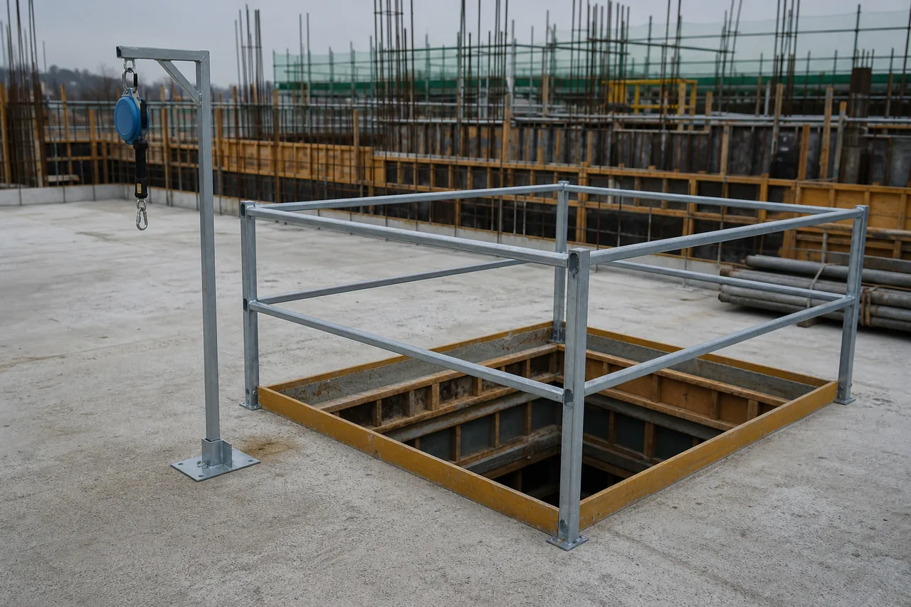 Guardrails around a floor opening with separate fall-protection equipment