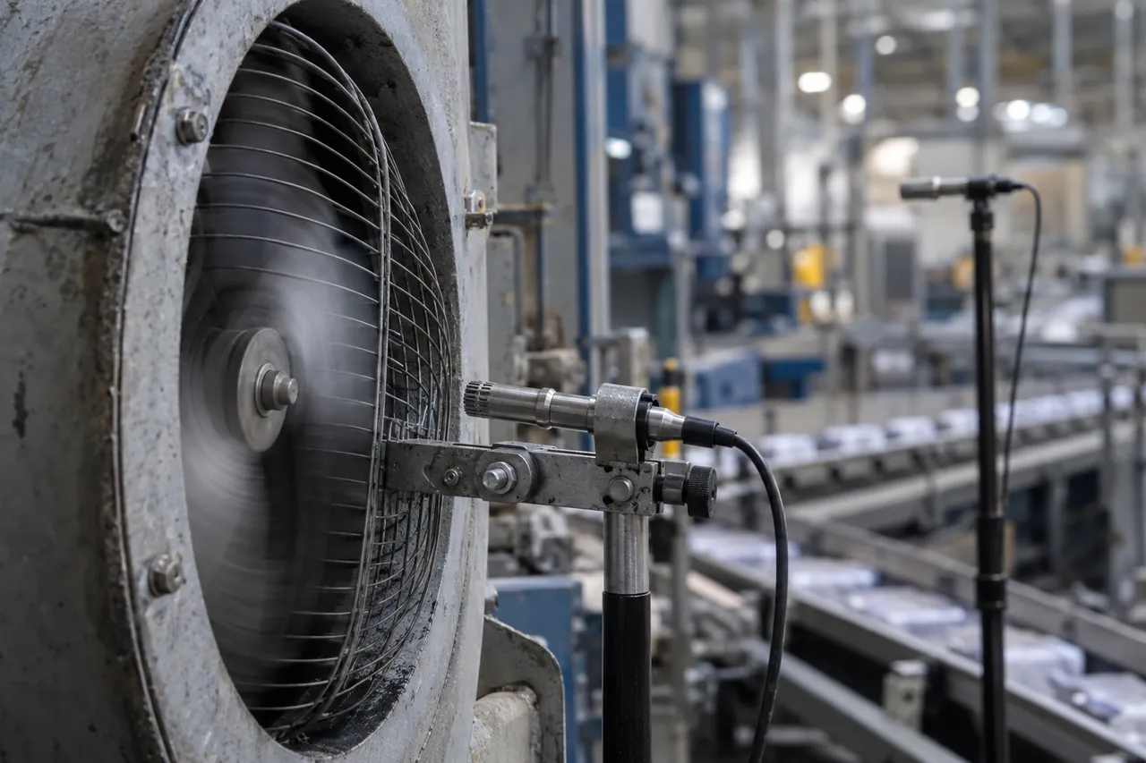 Industrial microphone mounted beside rotating factory equipment for machine anomalous sound detection