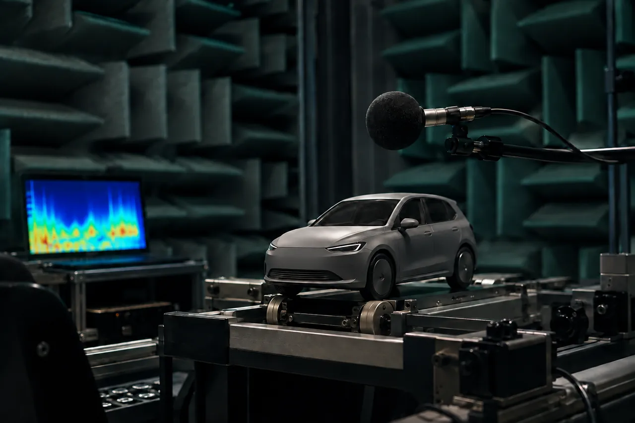 A measurement microphone aimed at a toy car on a test rig in a foam-lined acoustic lab