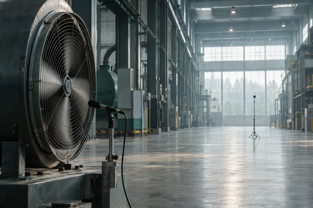 A microphone close to an industrial fan and a second microphone standing far across the hall