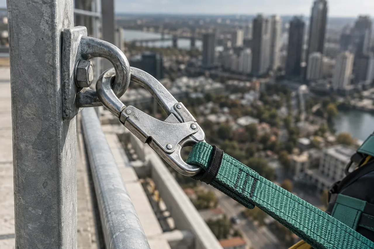 A harness lanyard hook clipped to a fixed anchor beside a guardrail