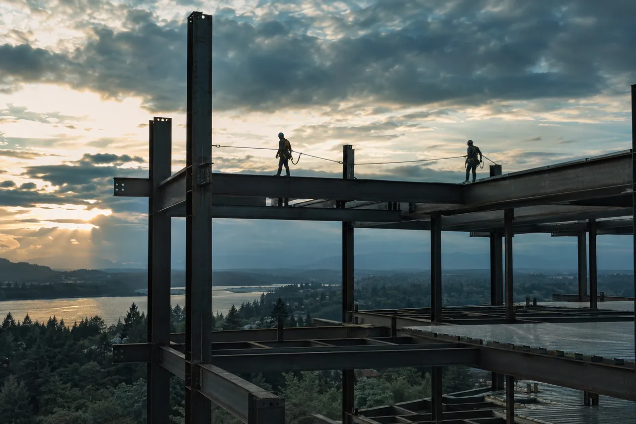 Silhouettes of ironworkers on a steel frame with harnesses clipped to a horizontal lifeline