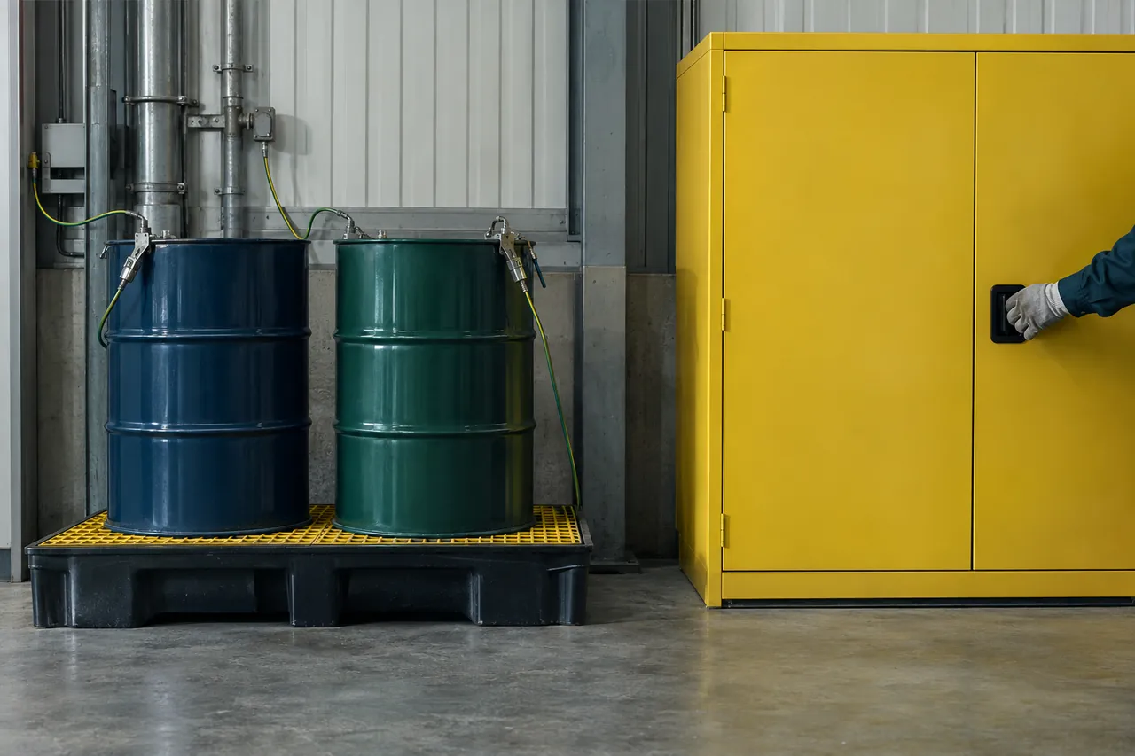 Grounded drums on a spill containment pallet beside a flammable storage cabinet