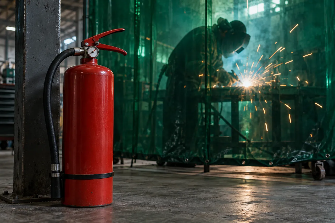 Hot work behind a welding curtain with a fire extinguisher ready in front