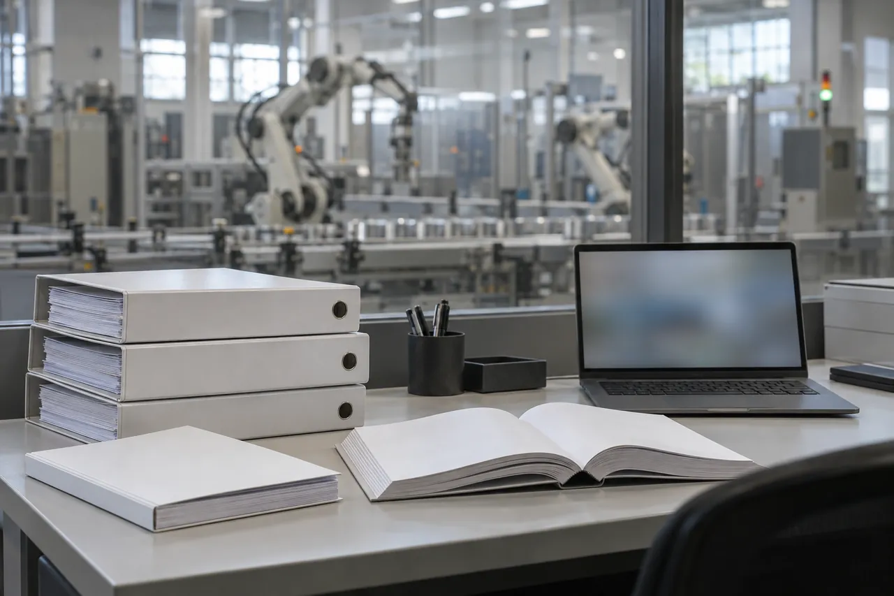 Binders and a rulebook on an office desk inside a factory, with an automated production line behind glass: reviewing industrial AI regulation