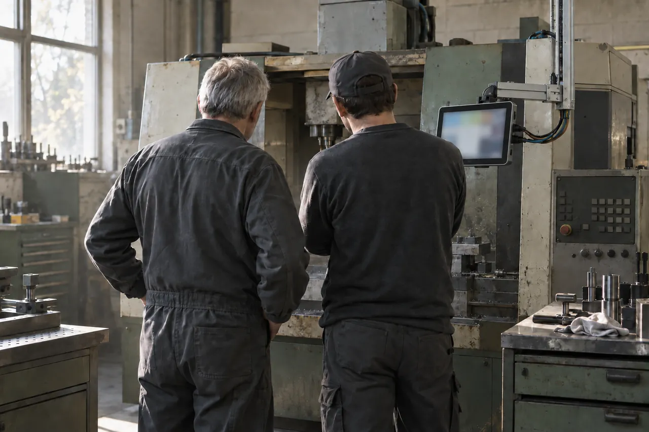 CNC machines and an industrial tablet in a metalworking plant preparing for manufacturing AI transformation