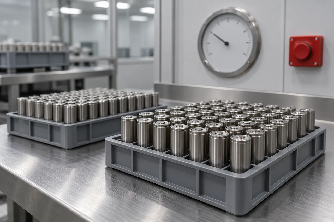 Cylindrical battery cells lined up in flame-retardant trays on a low-humidity assembly room bench, illustrating the draft that brings lithium primary battery plants under process safety management