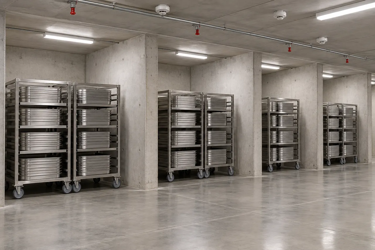 Steel carts and metal trays in a storage area divided by partition walls, with sprinkler heads and detectors on the ceiling