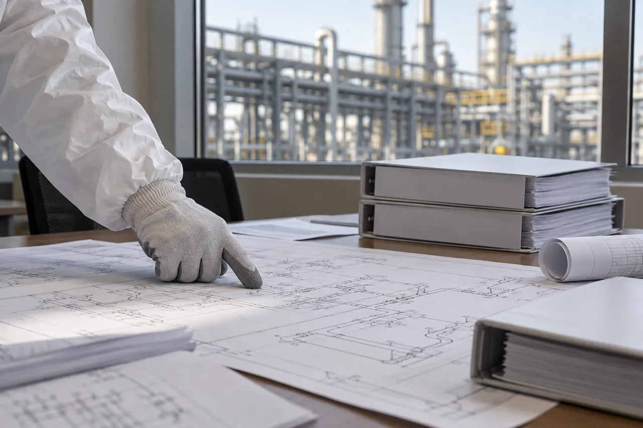 Process piping drawings spread on a meeting table beside bound binders with blank covers
