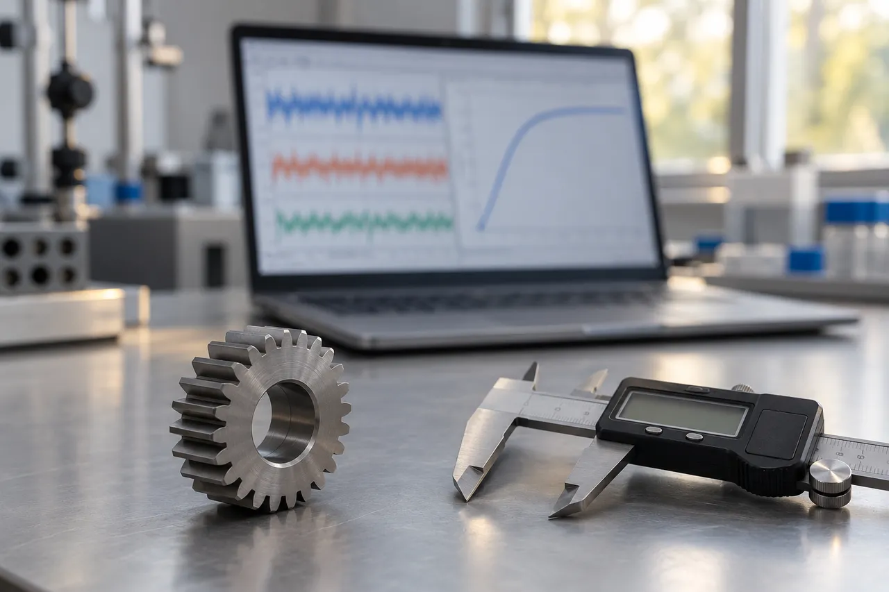 Laptop on a lab bench showing blurred waveforms and a curve, with a single gear and a caliper in the foreground