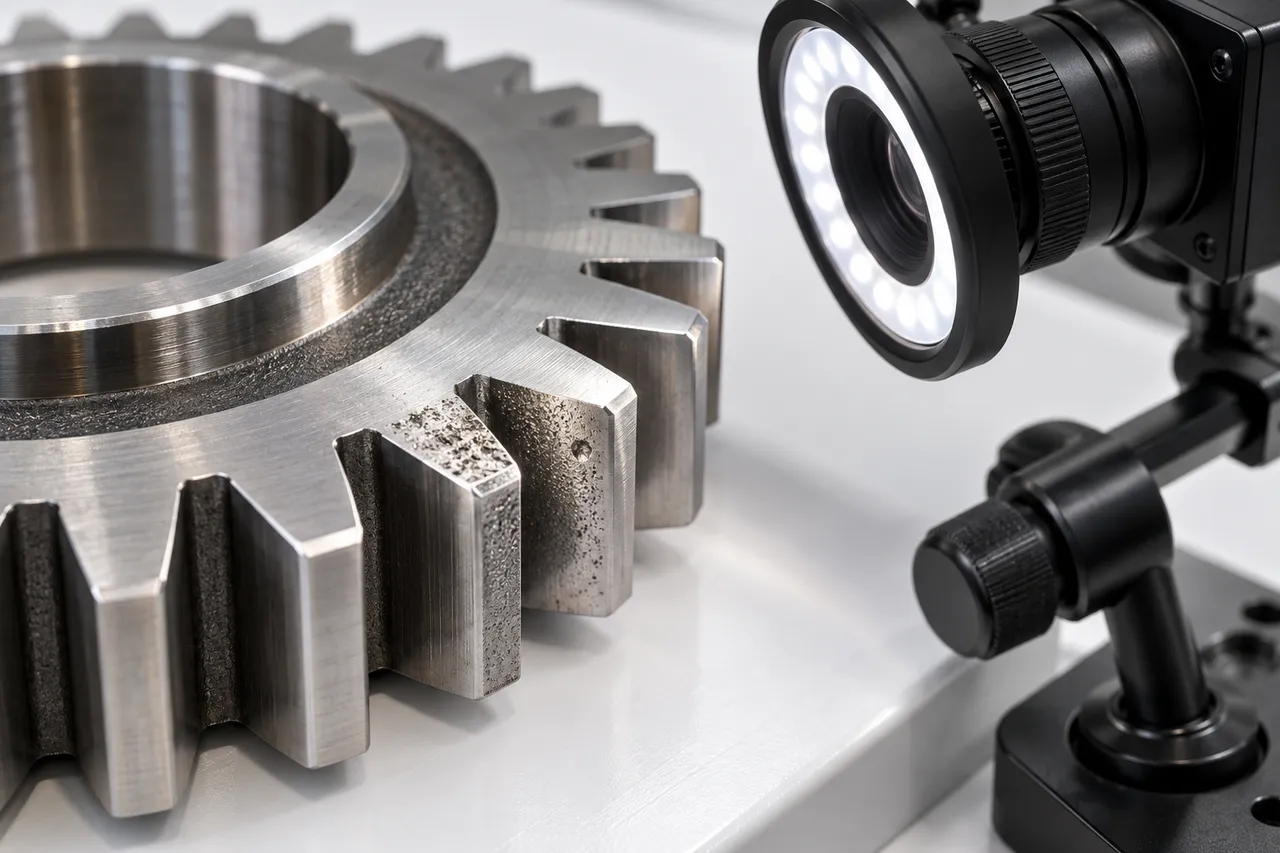 Macro lens photographing the tooth surfaces of a disassembled spur gear, with a ring light and a small camera arm alongside