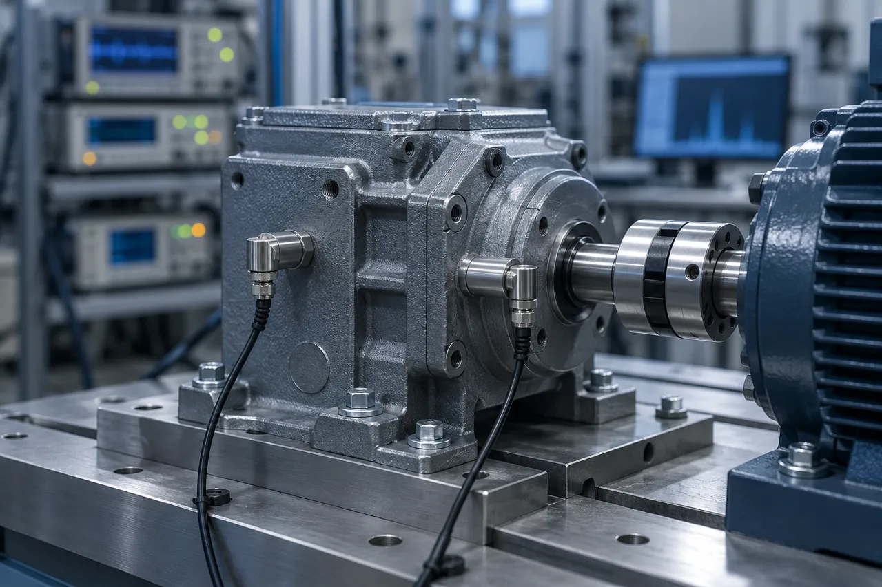 Small gearbox on a test rig with two accelerometers mounted in different directions on the housing and an instrument rack blurred behind it