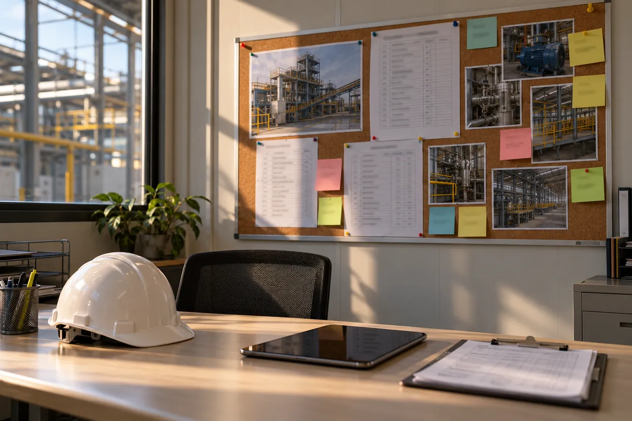 Checklists and photos pinned to a board in a site office, with a hard hat and a tablet on the table