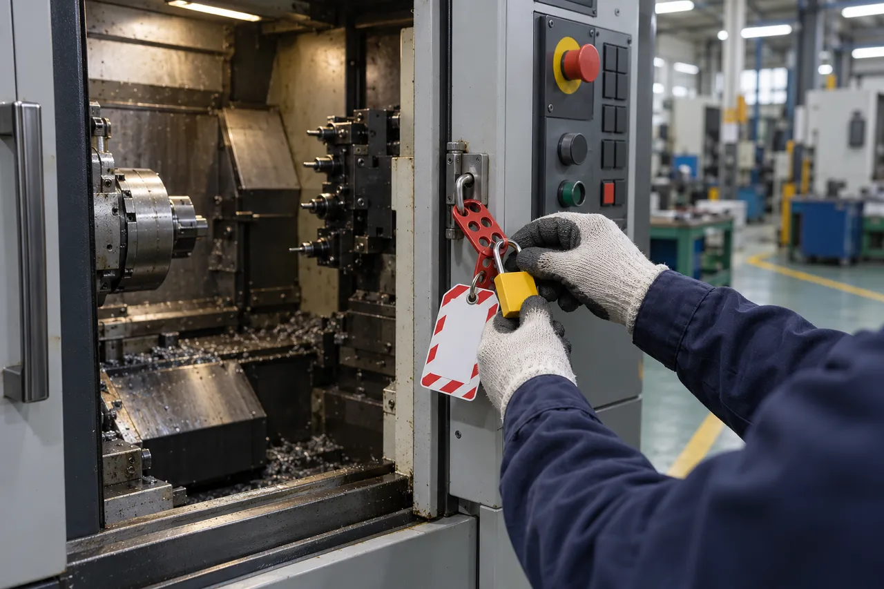 A worker's hands in front of an open machine guard door, with a yellow lockout device and a blank tag hung on the control panel, illustrating repeat-accident enforcement in manufacturing