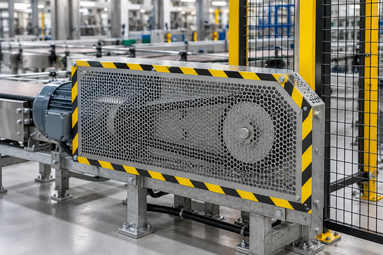 A metal guard and fence enclosing a conveyor drive, with yellow warning paint on the corners