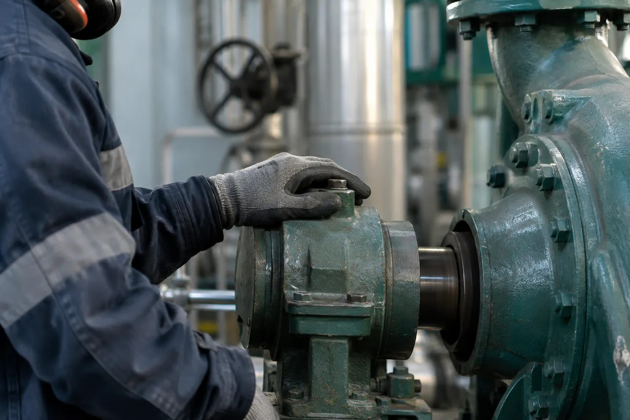 A worker wearing ear defenders checking the bearing housing of a running pump by hand