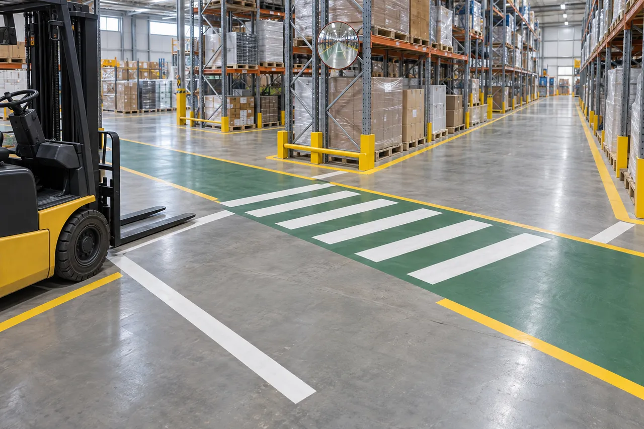 A forklift intersection inside a warehouse with a pedestrian crosswalk and stop line painted on the floor and a convex mirror at the corner