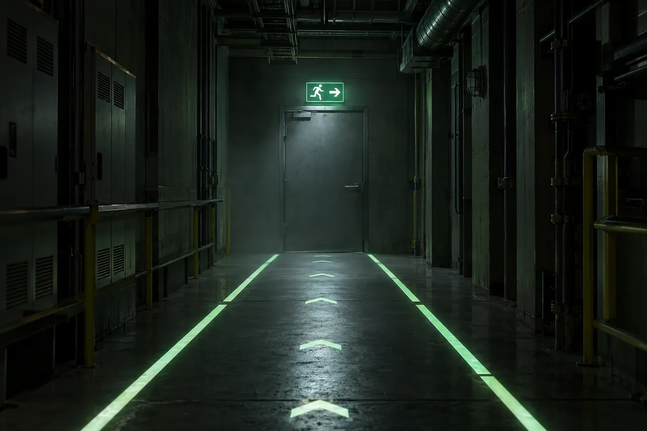 Photoluminescent guide strips on the floor of a dark corridor leading to a door under a lit green emergency exit light