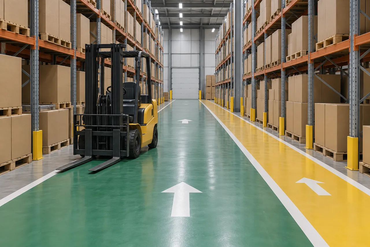 A warehouse aisle with a green forklift lane and a yellow pedestrian walkway painted on the floor, illustrating workplace safety design