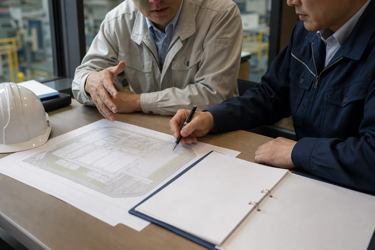Workplace managers reviewing a site plan and work documents