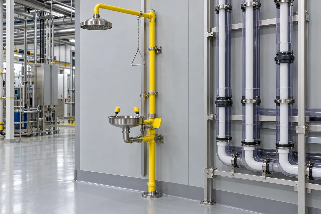 An emergency eyewash and shower unit installed beside chemical supply piping
