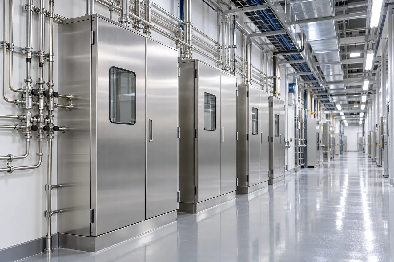 Stainless steel gas cabinets and valve manifolds lining a utility corridor in a semiconductor plant, illustrating the results of Korea's semiconductor manufacturing inspection