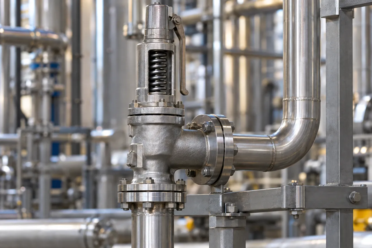 A safety valve and discharge pipe on chemical piping, with metal pipe supports around it