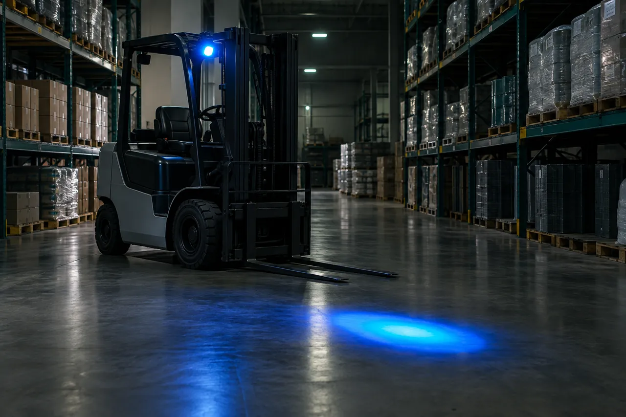 A forklift projecting a blue warning light onto a warehouse aisle floor