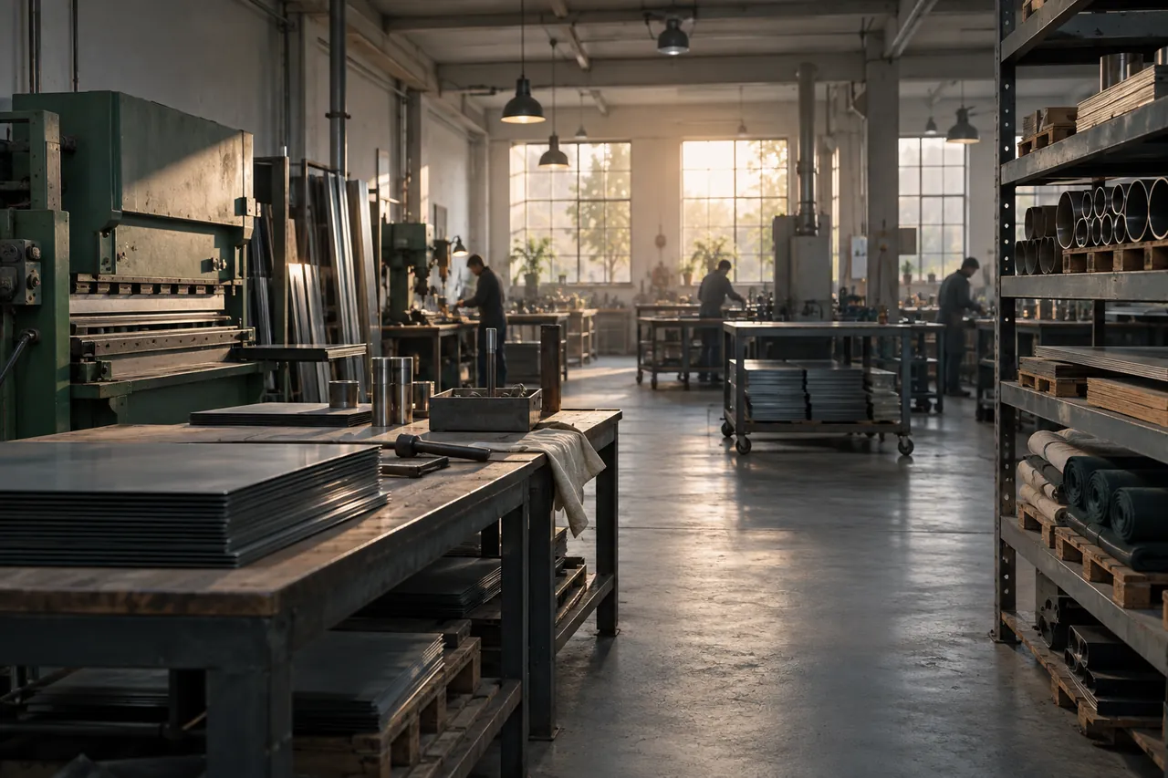 The interior of a small factory with a few machines and material racks