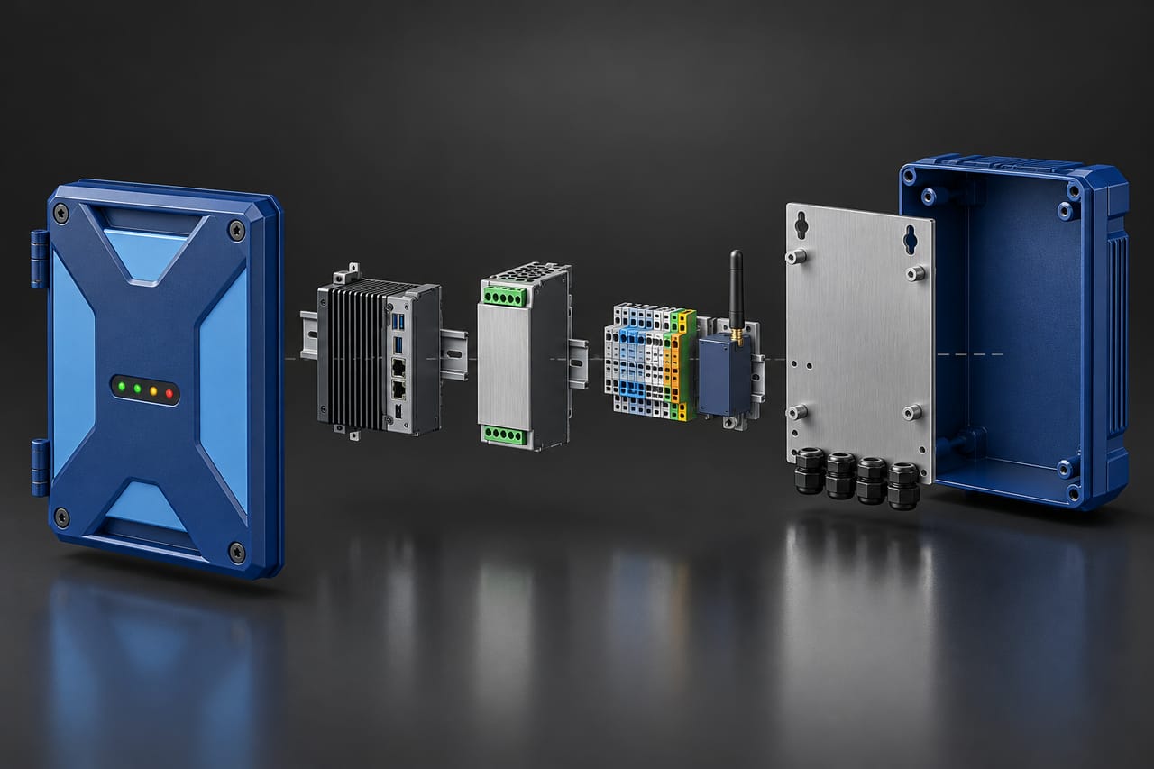 Main control box exploded into front door, edge AI computer, power supply, terminal blocks and communication module, cable glands and enclosure