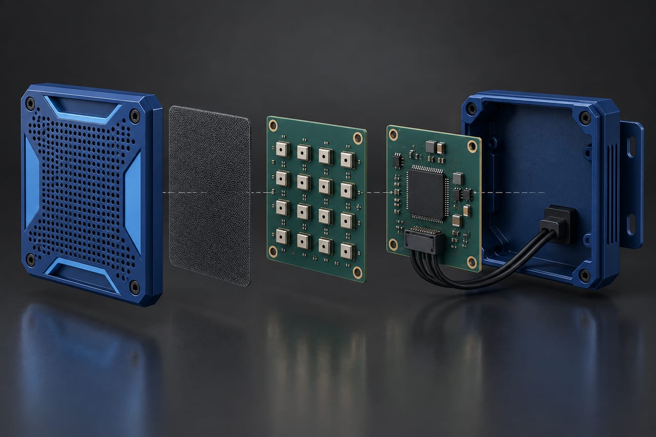 Localization microphone exploded into front grille, acoustic mesh, MEMS microphone grid board, signal processing board and rear housing