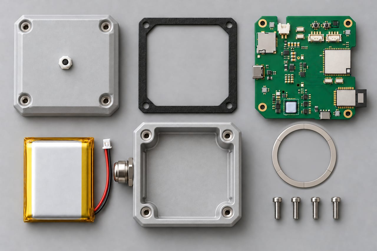 XyloZero parts laid out in order: top cover, sealing gasket, main board, battery, housing, mounting magnet and screws