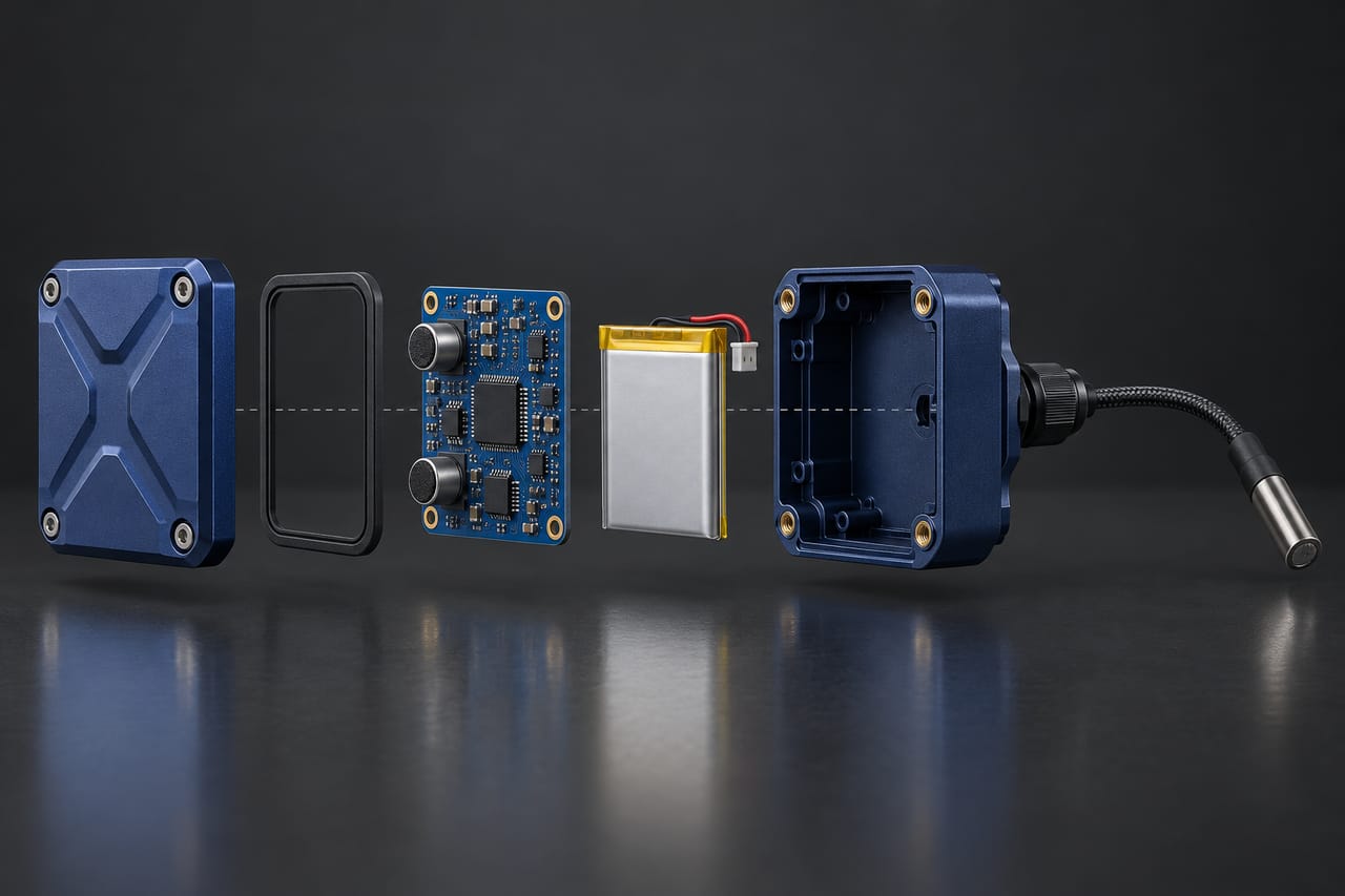 Wired XyloZero sensor node exploded into top cover, sealing gasket, main board, battery, housing and connecting cable
